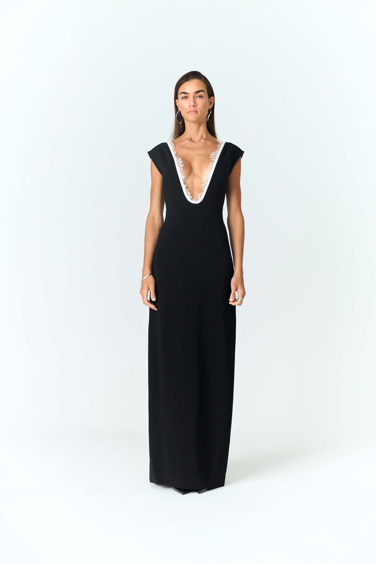 Black Lace Trim Deep V-Neck Maxi Dress