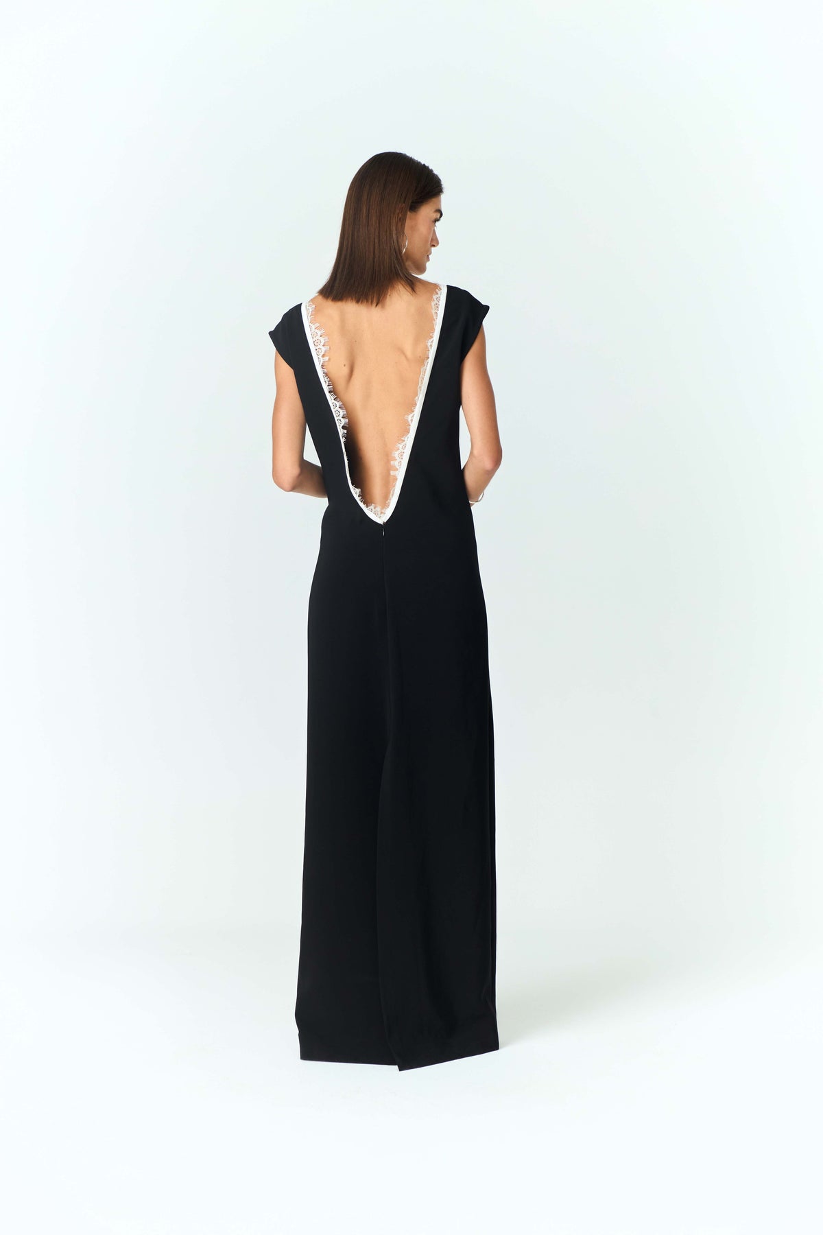 Black Lace Trim Deep V-Neck Maxi Dress
