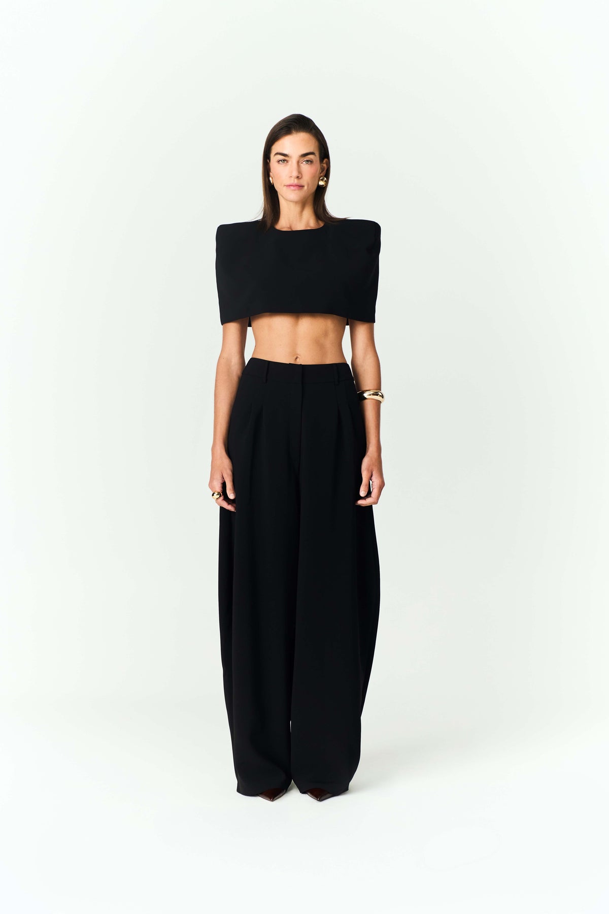 Black Padded-Shoulders Cropped Top Black Pleated Balloon Trousers