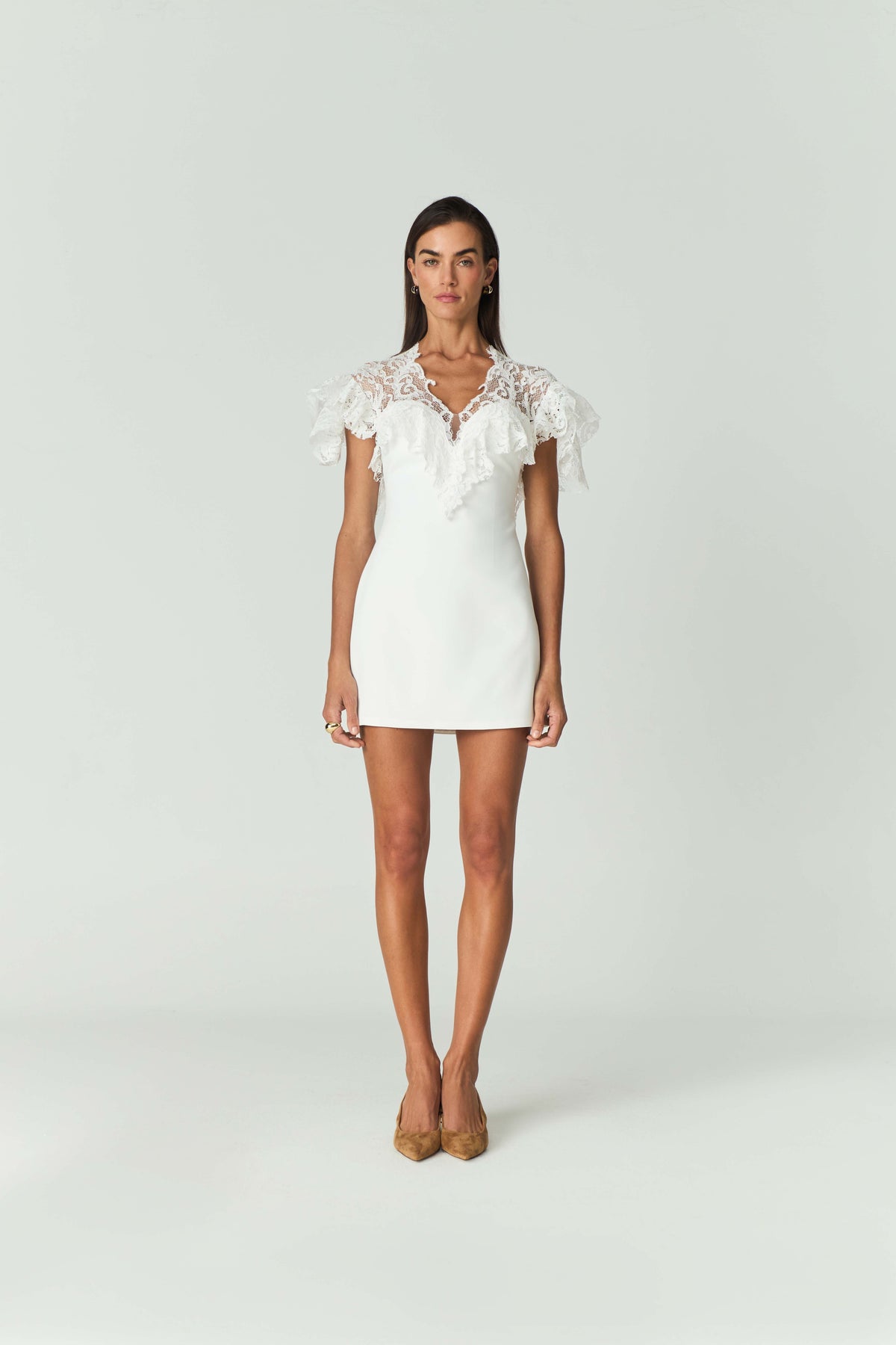 White Lace Ruffle Mini Dress